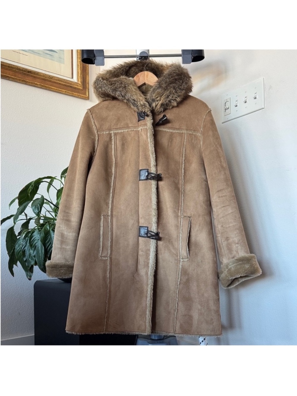 Vintage Y2K Brown Tan Shaggy Faux Suede Faux Fur Coat/Parka/Jacket Sz S